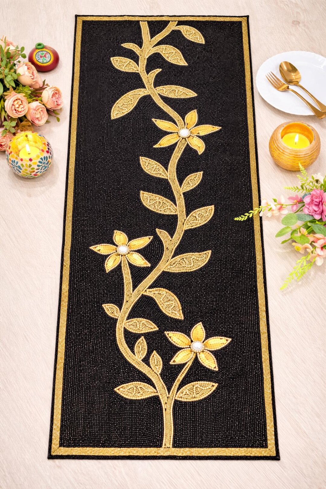 Luxury Black & Gold Beaded Table Runner 13x36 Inch, Floral Handmade ...
