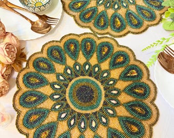 Beaded Peacock Feather Table Mat | Handmade Table, dining Decor