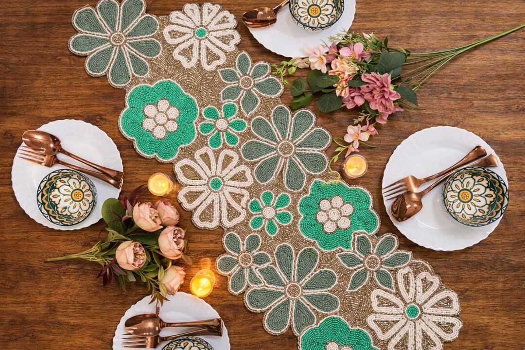 Handmade Green Floral Beaded Table Runner – Boho Wedding Dining Decor ...