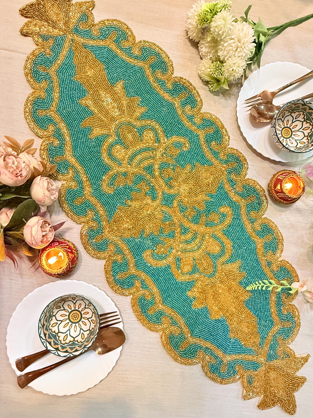 Teal Gold Beaded Table Runner, Paisley Floral Handmade Decor (13x36 ...