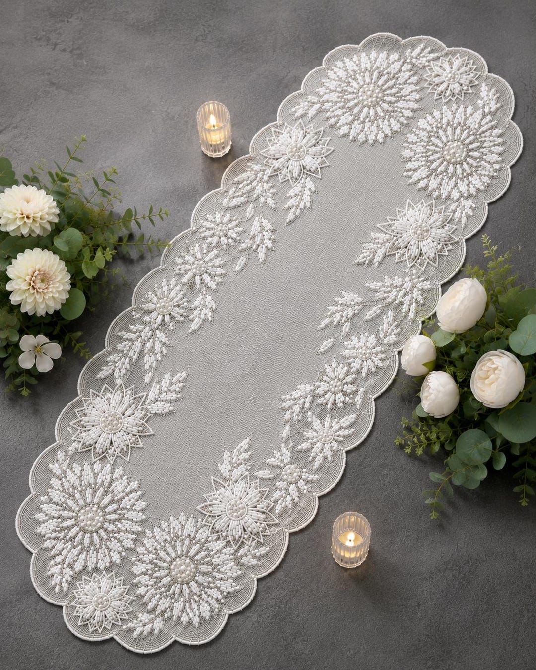 13x36 Handmade White Silver Floral Beaded Table Runner, Elegant Lace ...