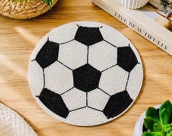 7 Inch Soccer Ball Beaded Placemat | Handmade Football Black White Round Table Mat | Sports Theme Dining Decor
