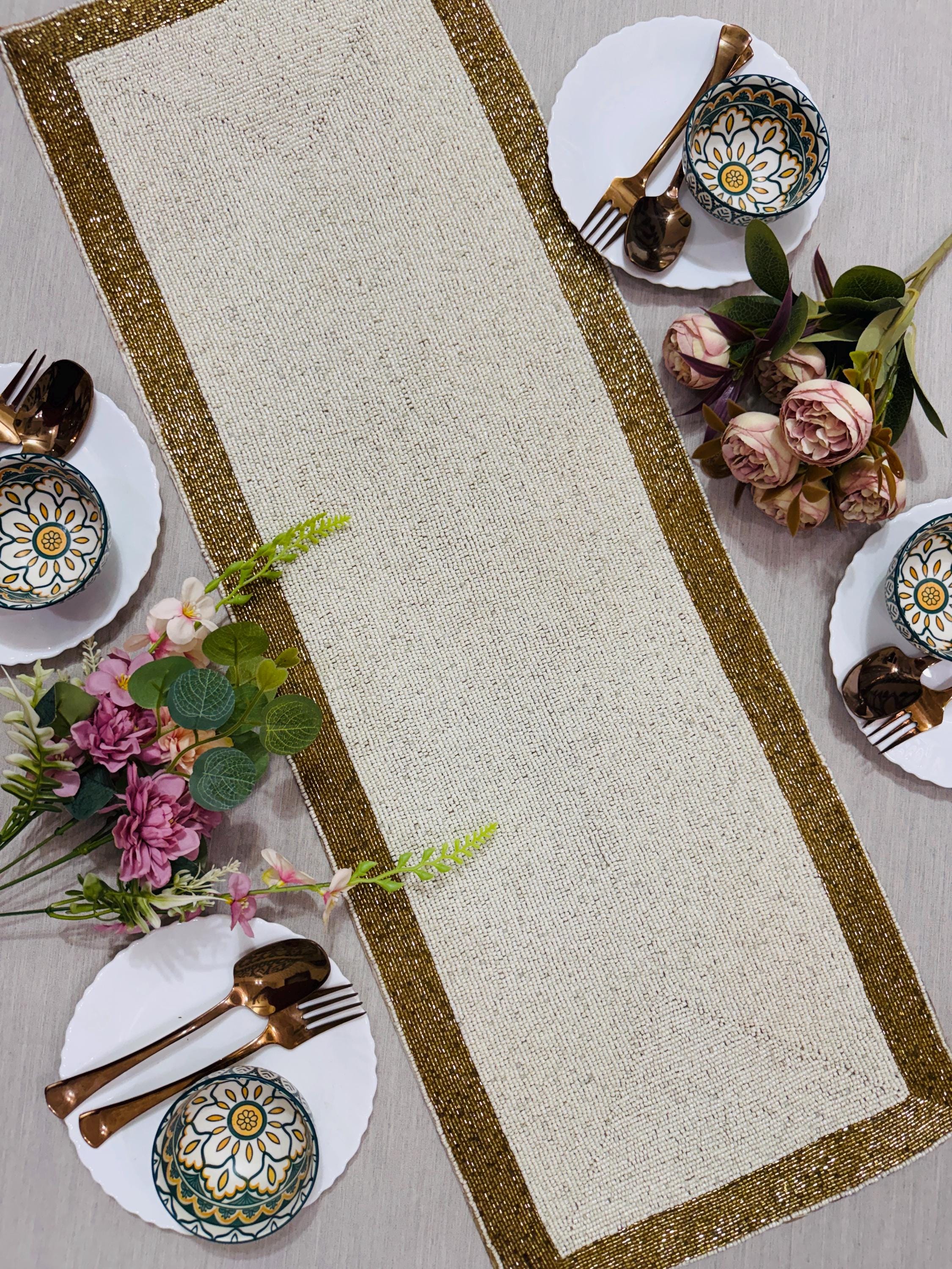 Beaded Table Runner 13x36 Inch, Ivory Gold Handmade Dining Decor ...