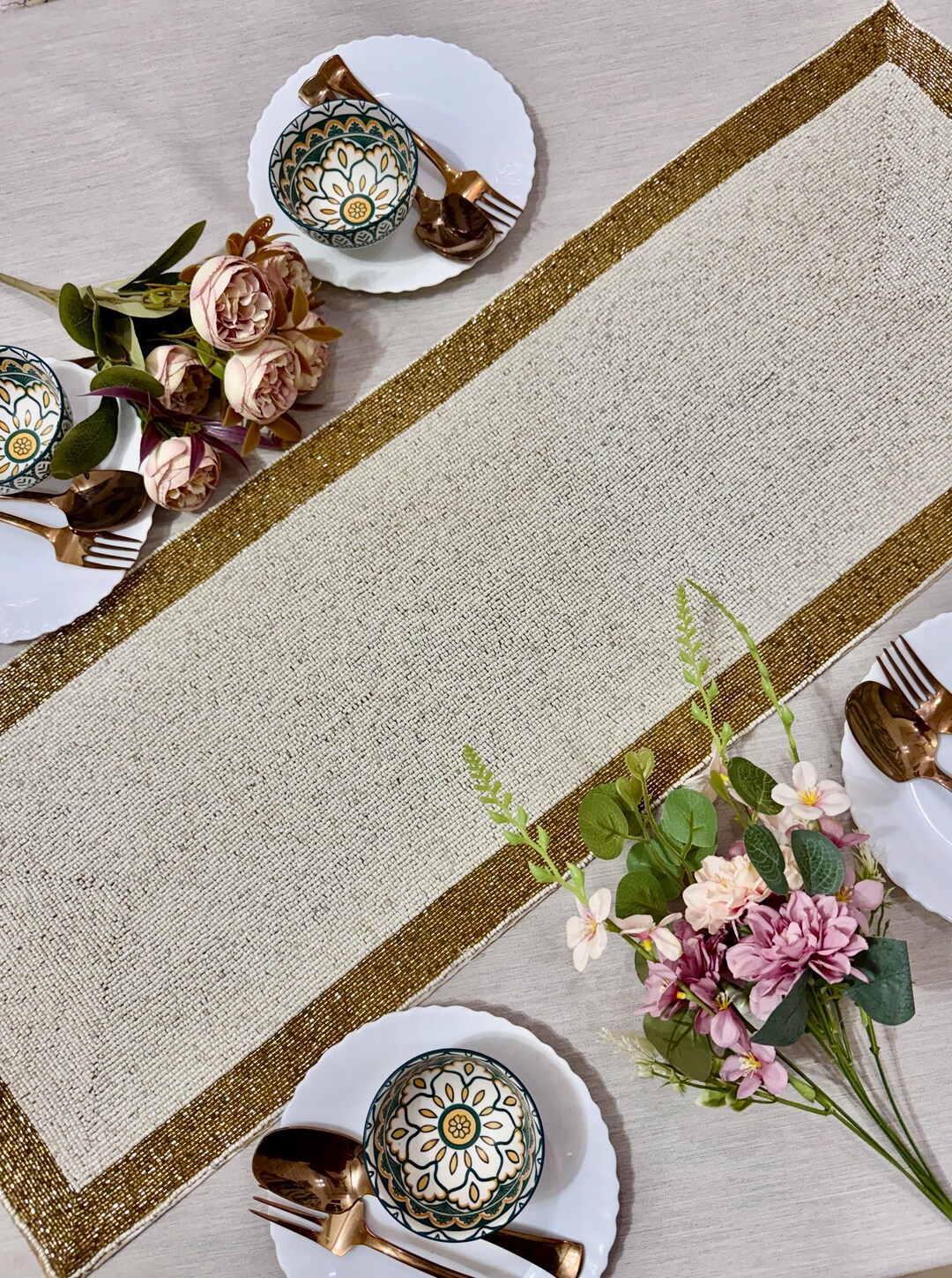 Beaded Table Runner 13x36 Inch, Ivory Gold Handmade Dining Decor ...