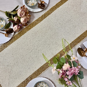 Beaded Table Runner 13x36 Inch, Ivory Gold  Handmade Dining Decor, Luxury Minimalist Centerpiece,