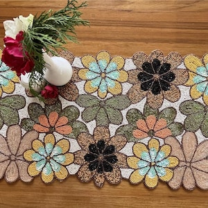 Table runner - 13x36 inch flower design handmade beaded table runners, Multicolor, beaded runner for living room, home, handwoven textured
