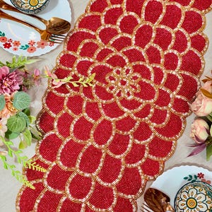 Red Beaded Table Runner Set with 6 Placemats and 6 Coasters | Floral Dining Table Decor | Luxury Wedding Table Setting