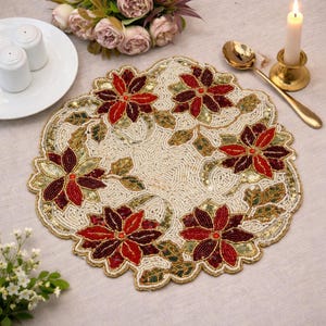 Mantel individual con cuentas hecho a mano, camino de mesa floral rojo y dorado, plato base redondo, decoración festiva para la mesa.