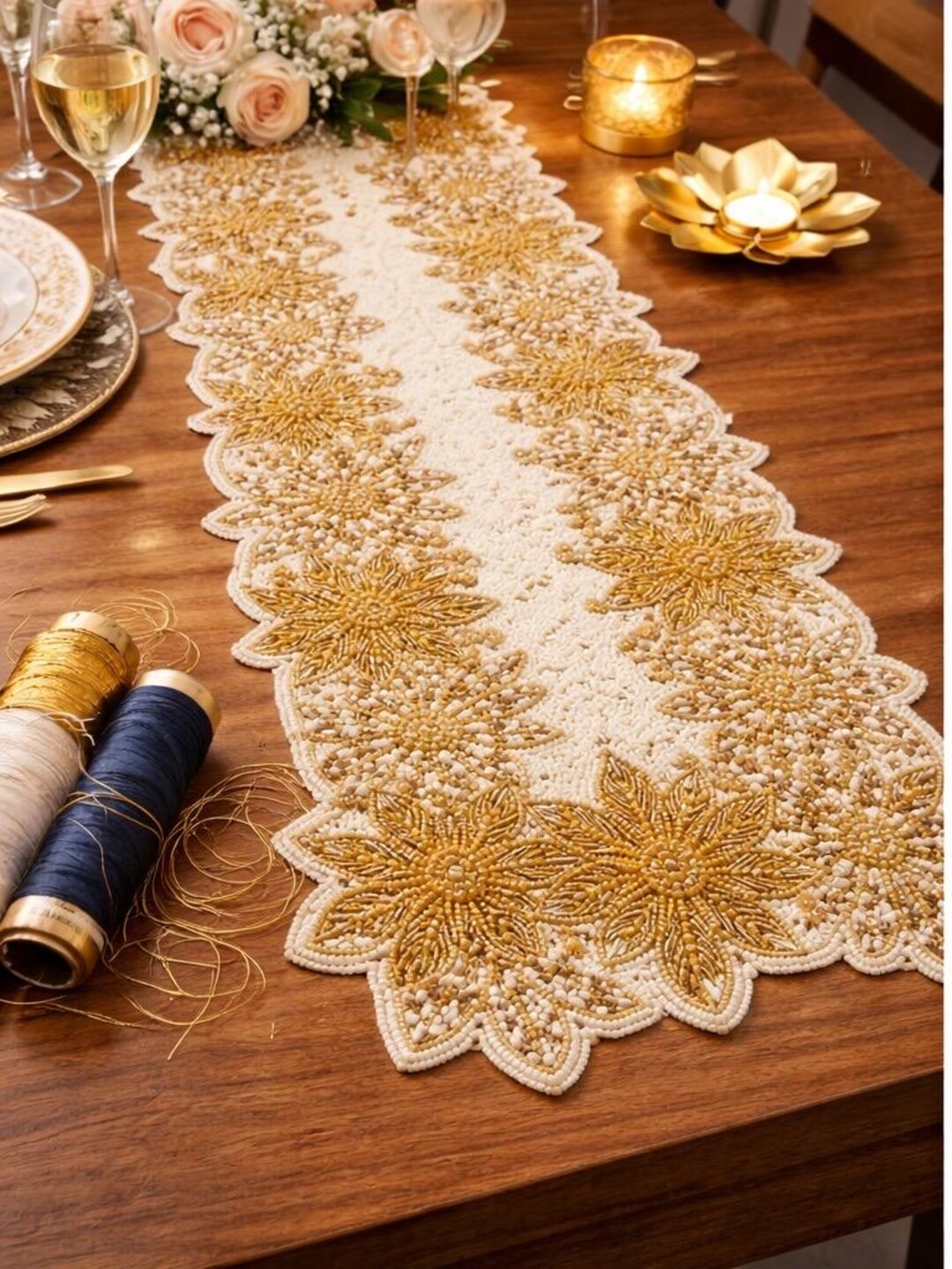 Handmade Gold Beaded Table Runner, Ivory Floral Table Decor, Festive ...