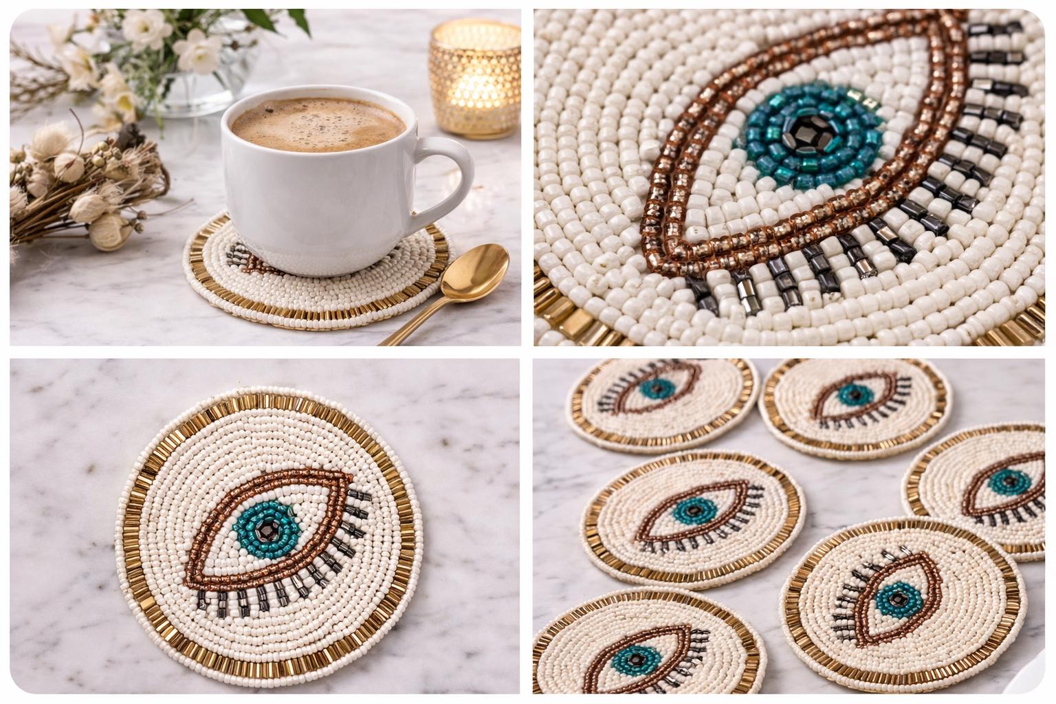 Handmade Beaded Evil Eye Coasters (4 Inch) – Boho White, Turquoise ...