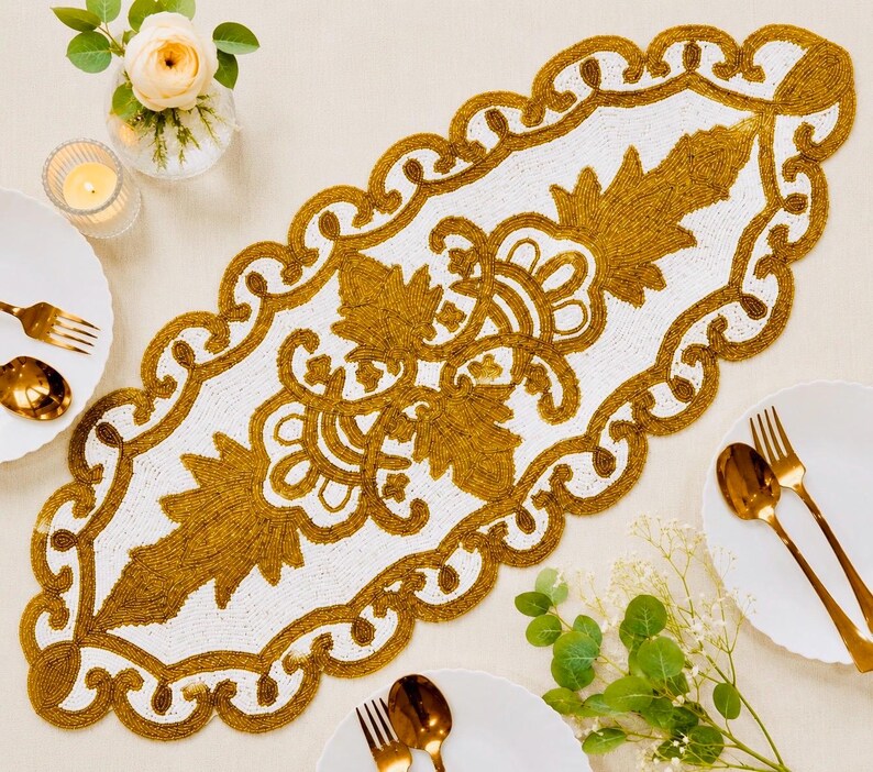 Handmade Gold Beaded Table Runner, White Floral Glass Beadwork, Elegant ...