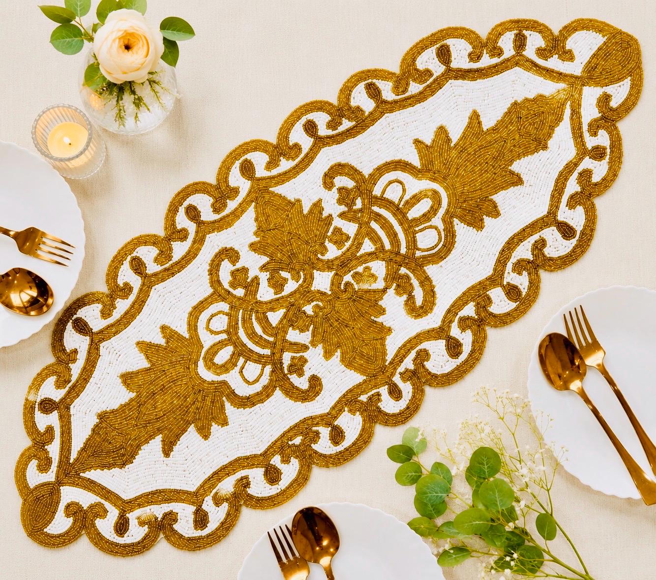 Handmade Gold Beaded Table Runner, White Floral Glass Beadwork, Elegant ...
