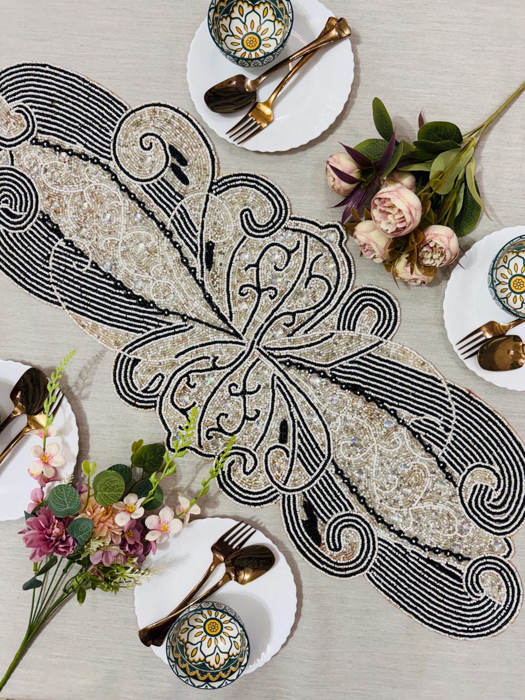 Black & Ivory Beaded Table Runner 13x36 Inch | Handmade Floral Elegant ...