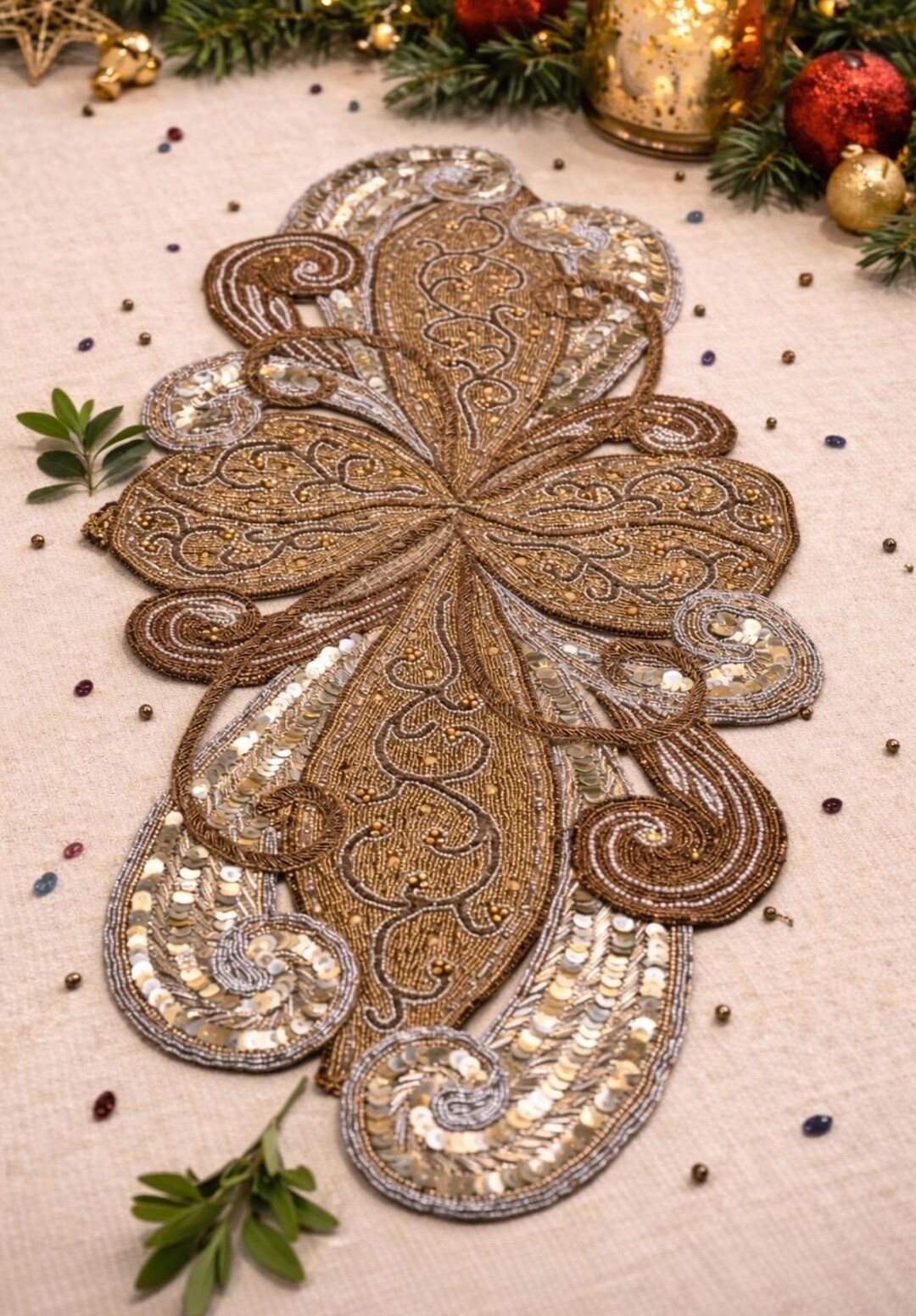Handmade Floral Sequin Gold Beaded Table Runner, Elegant Dining Decor ...