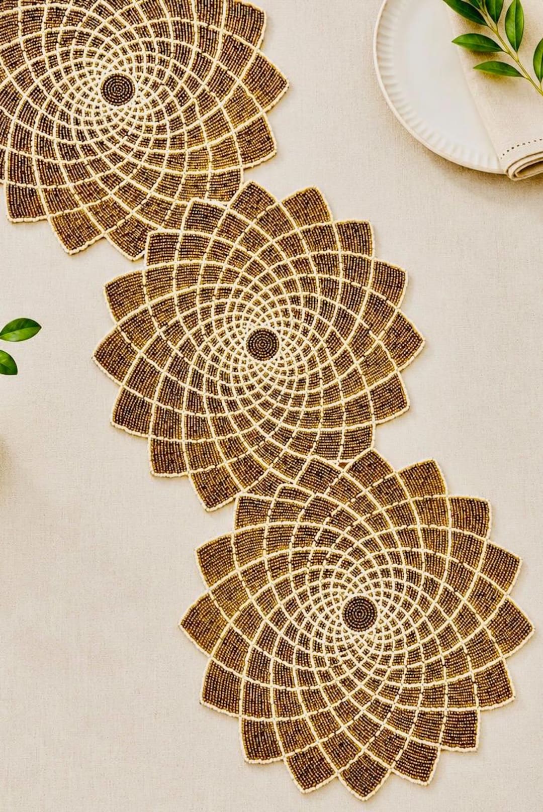 Handmade Gold Floral Beaded Table Runner, 13x36 Inch Boho Dining Decor ...
