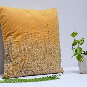 16x16 Inch Velvet Cushion Cover – Hand Embroidered Beadwork, Luxurious Decorative Throw Pillow for Sofa & Bedroom