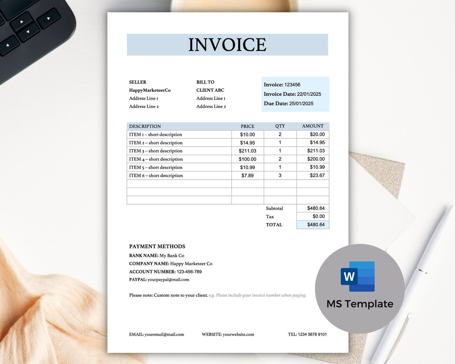 Rechnungsvorlage Word, Blue Business Druckbare Rechnung, bearbeitbare