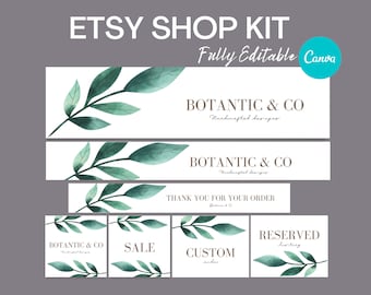 May include: A set of editable Etsy shop banners featuring a watercolor illustration of green leaves and the text "BOTANTIC & CO Handcrafted designs". The banners include options for "Thank you for your order", "Sale", "Custom order", and "Reserved listing".