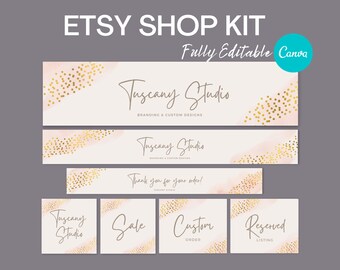 Etsy Banner, Grey & Gold Sparkle, Instant Download Template, editable, Etsy Branding Kit, Etsy Shop Set, branding design, Canva template.