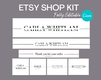 以下が含まれることがあります： グレーの背景と白い要素を備えたEtsyショップキットのデザイン。キットには、「CARLA WHITLAM」、「SALE」、「CUSTOM」、「RESERVED」などのテキストを含むバナーと正方形のグラフィックが含まれています。「Fully Editable Canva」というフレーズも存在します。