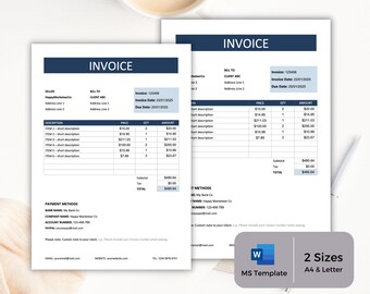 Invoice Template Word, Navy Blue Business Printable Invoice, Editable MS Word, Instant Digital Download