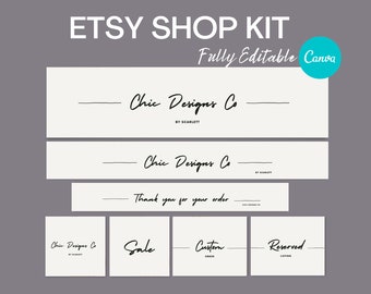 Pode incluir: Um conjunto de banners de loja Etsy e gráficos de mídia social editáveis com o texto "Chic Designs Co." e "Obrigado pelo seu pedido". Os gráficos são em preto e branco e têm um design minimalista.