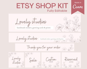 May include: Etsy shop kit with a floral design. The kit includes a banner with the text "Lovely studios" and the tagline "handmade stickers, greeting cards & prints". There are also smaller banners with the text "Sale", "Custom Order", and "Reserved Listing".