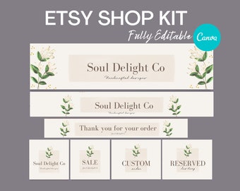 May include: Etsy shop kit banner templates with a floral design. The banners feature the text "Soul Delight Co" and include options for "Sale", "Custom Order", and "Reserved Listing".