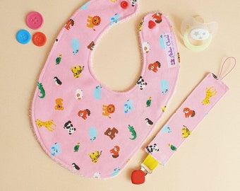 Birth gift box Animals in pink - Cotton and sponge nipple and bib attachment for babies