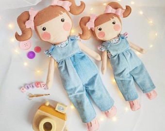 Handmade cotton doll with Overalls. Unique handmade rag doll model for girls