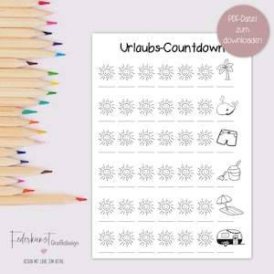 Könnte beinhalten: Ein schwarz-weißes druckbares Countdown zum Urlaub mit einem Sonnensymbol für jeden Tag. Die Symbole sind von einer schwarzen Linie umgeben. Die Symbole sind in Reihen von 7 angeordnet. Die Symbole sind von 1 bis 35 nummeriert. Den Symbolen folgen eine Palme, ein Wal, Shorts, Eimer und Schaufel, Sonnenschirm und Surfbrett sowie ein Wohnmobil.