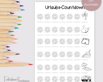 May include: A black and white printable countdown to vacation with a sun icon for each day. The icons are surrounded by a black line. The icons are arranged in rows of 7. The icons are numbered 1 through 35. The icons are followed by a palm tree, whale, shorts, bucket and shovel, umbrella and surfboard, and a camper.