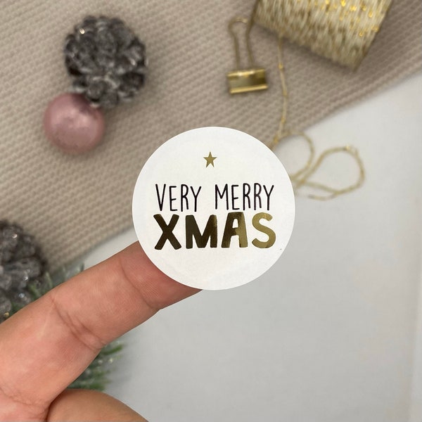 Sticker "Very merry Xmas" Aufkleber Geschenk Weihnachten Goldfolie Stern