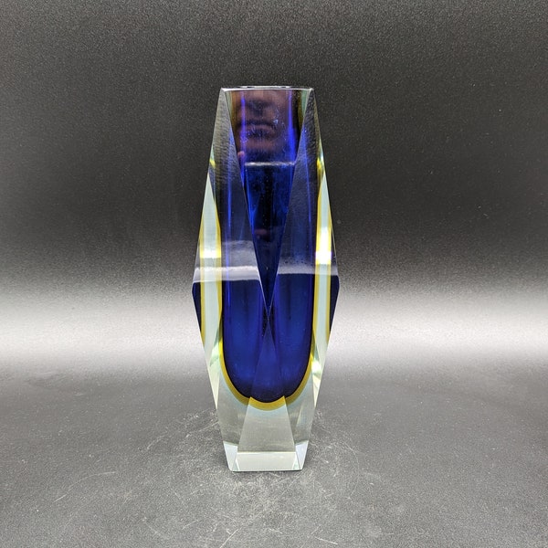 Murano Mandruzzato faceted Sommerso Glas glass 2,15KG Vase block blau gelb klar Italy design 60s 60er 70s 70er vintage