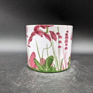 Könnte beinhalten: Weißer Keramiktopf mit einem Blumendesign mit rosa Blüten und grünen Blättern.
