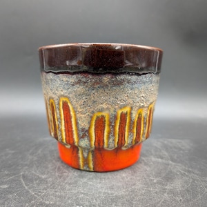 Fohr flower pot, planter, cachepot, 12.5 cm ø, ceramic, red, grey, yellow, brown, fat lava, West German pottery design, 70s vintage, vtg wgp