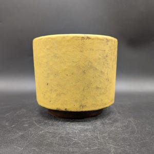 Könnte beinhalten: Ein zylindrischer, gelb getönter Keramiktopf mit dunkelbraunem Sockel. Der Topf hat eine raue, strukturierte Oberfläche und ein schlichtes, minimalistisches Design. Der Topf ist etwa 7,6 cm hoch und 7,6 cm im Durchmesser.
