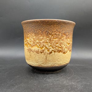 May include: A brown and yellow ceramic planter with a textured surface. The planter has a wide, round opening and a slightly flared lip.