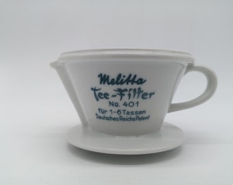 Melitta 401 tea filter 1-6 cups German Reich patent ceramic white white blue lettering design vintage 30s 30s