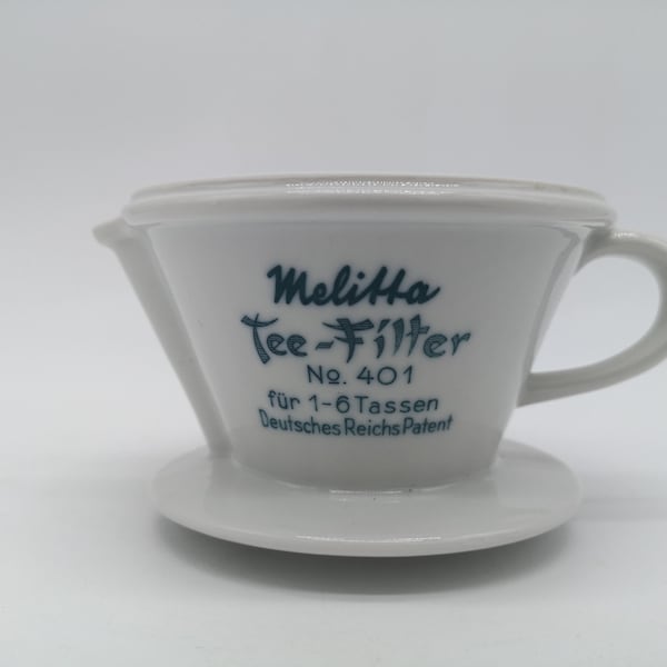 Melitta 401 Tee-Filter 1-6 Tassen Deutsches Reichs Patent Keramik weiß white blaue Schrift design vintage 30s 30er