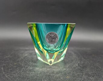 Jarrón de cristal Sommerso facetado de Murano, bloque turquesa amarillo transparente, diseño italiano, vintage de los años 60 y 70.