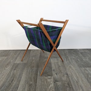 Teak newspaper rack magazine rack storage fabric blue green mid century mcm danish design 60s 60s 70s 70s vintage vtg