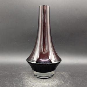 May include: A tall, elegant vase with a flared, metallic burgundy body and a black base. The vase has a sleek, modern design, perfect for displaying flowers or as a decorative accent. The vase is made of glass and has a clear, transparent base.