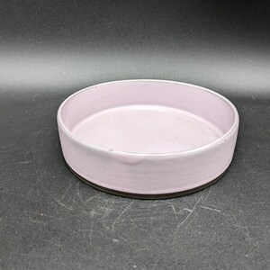 May include: A light purple ceramic dish with a dark grey rim. The dish is round and shallow.