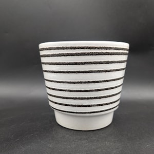 Könnte beinhalten: Ein weißer Keramik-Pflanztopf mit horizontalen, strukturierten schwarzen Streifen. Der Topf hat einen leicht ausgestellten Sockel und eine zylindrische Form, geeignet für kleine Pflanzen. Das Design ist minimalistisch und modern.