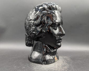 Cabeza de cristal Ingrid Glas, expositor de sombreros Beethoven, cristal negro, diseño moderno, años 70, vintage.