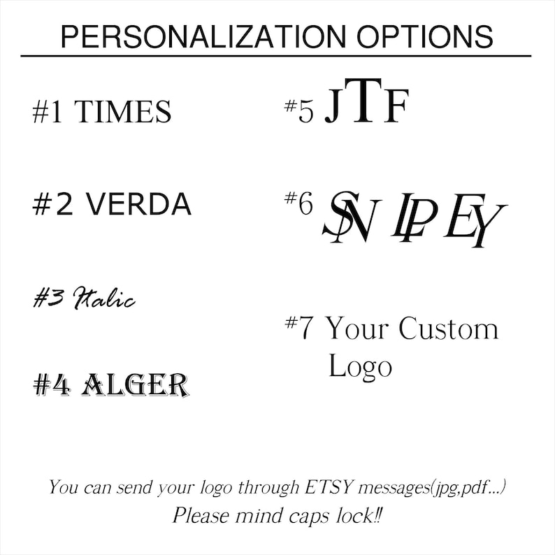 Puede incluir: Fondo blanco con texto negro que detalla las opciones de personalizaci&oacute;n. Incluye opciones de fuentes como Times, Verda, Italic y Alger. Tambi&eacute;n presenta opciones para logotipos personalizados y estilos de texto espec&iacute;ficos.