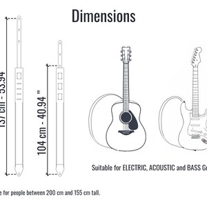 Pu&ograve; includere: Un'illustrazione in bianco e nero di due cinturini per chitarra con misure in pollici e centimetri. Il testo "Dimensions" &egrave; in alto nell'immagine. Il testo "Adatto per chitarre ELETTRICHE, ACUSTICHE e BASSO" &egrave; in basso nell'immagine. Il testo "Adatto per persone alte tra 200 cm e 155 cm." &egrave; in basso nell'immagine.