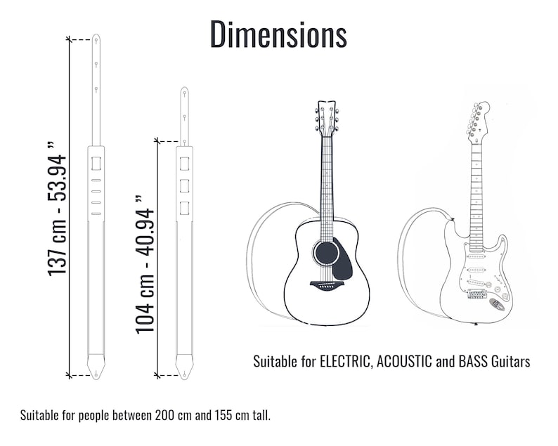 Pu&ograve; includere: Un'illustrazione in bianco e nero di due cinturini per chitarra con misure in pollici e centimetri. Il testo "Dimensions" &egrave; in alto nell'immagine. Il testo "Adatto per chitarre ELETTRICHE, ACUSTICHE e BASSO" &egrave; in basso nell'immagine. Il testo "Adatto per persone alte tra 200 cm e 155 cm." &egrave; in basso nell'immagine.