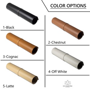 May include: Five rolled-up leather mouse pads in different colors: black, chestnut, cognac, off-white, and latte. The mouse pads are arranged in a grid with the color names listed below each one. The text "COLOR OPTIONS" is at the top of the image.